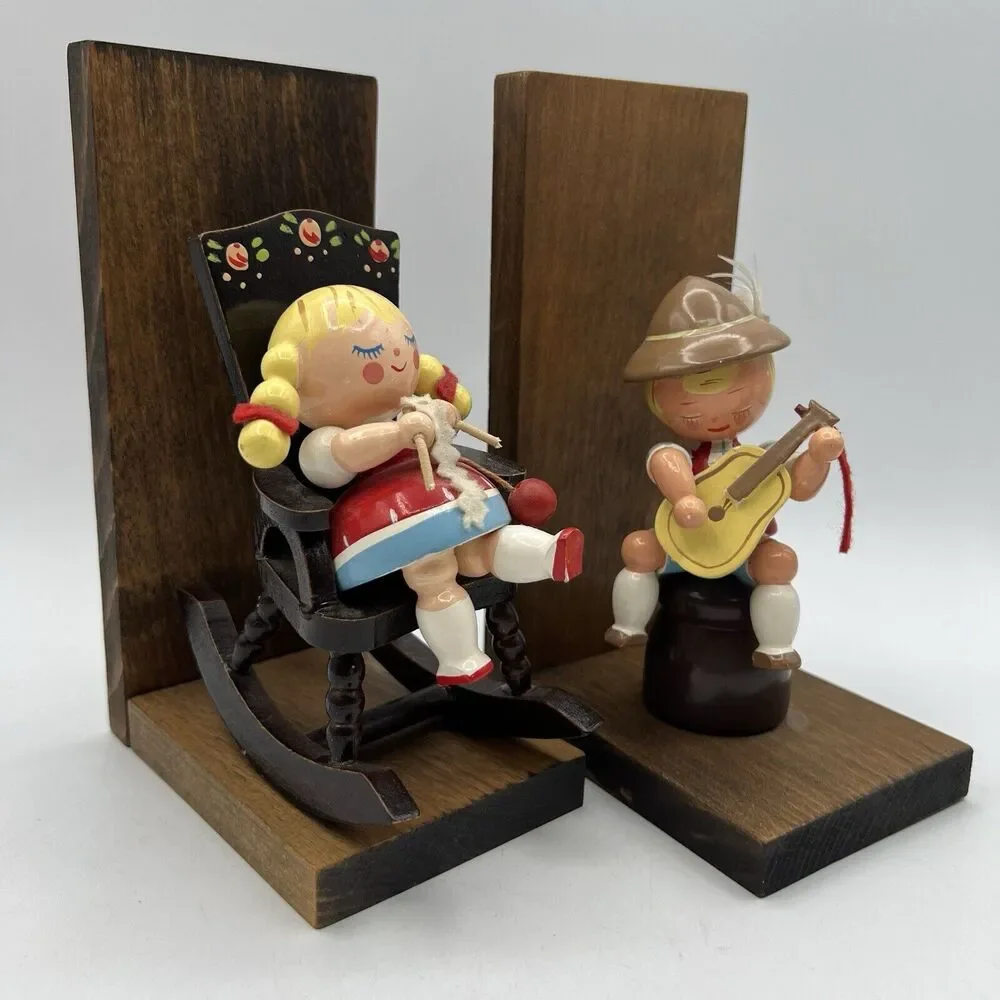 Vtg German Erzgebirge Style Boy Girl Bookends Nursery Rocking Chair Wood
